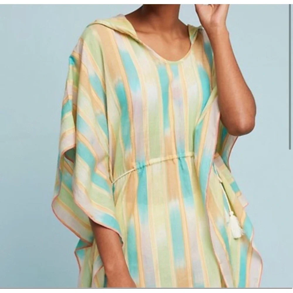 Anthropologie Lilka Pastel Yarn Dyed Tunic Poncho Green Cotton Oversized Size XS